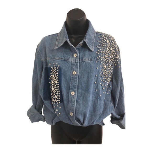 Beautiful denim crystal rhinestones studded‎ button down shirt size medium new - Picture 14 of 16